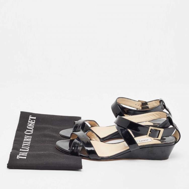 Pre Owned Jimmy Choo Black Patent Leather Chiara Crisscross Ankle Strap Wedge Sandals Size 39.5