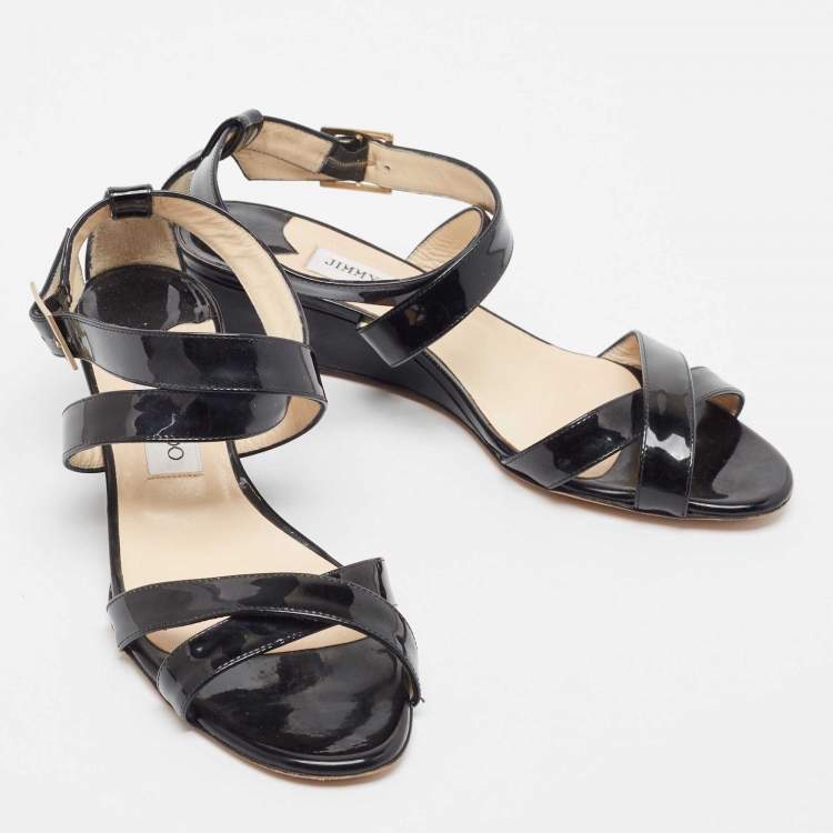 Pre Owned Jimmy Choo Black Patent Leather Chiara Crisscross Ankle Strap Wedge Sandals Size 39.5