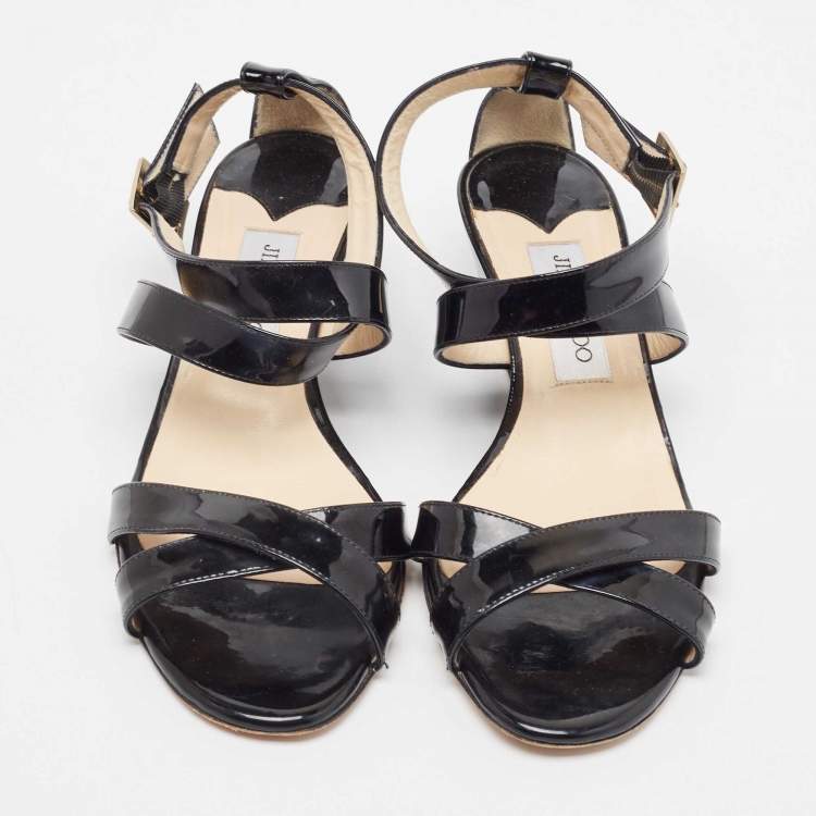 Pre Owned Jimmy Choo Black Patent Leather Chiara Crisscross Ankle Strap Wedge Sandals Size 39.5