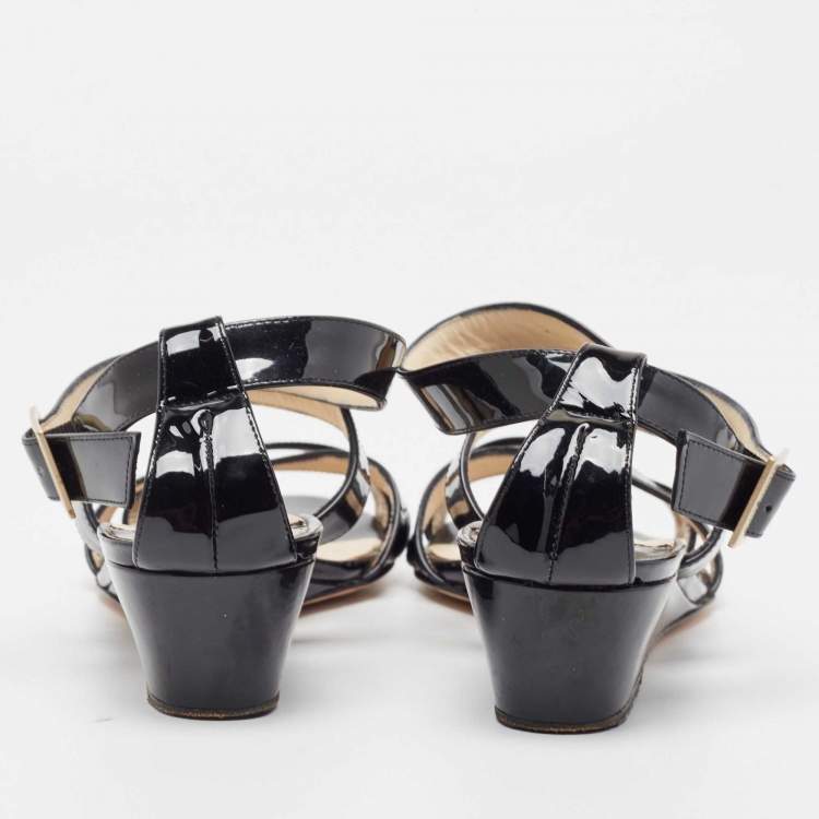 Pre Owned Jimmy Choo Black Patent Leather Chiara Crisscross Ankle Strap Wedge Sandals Size 39.5