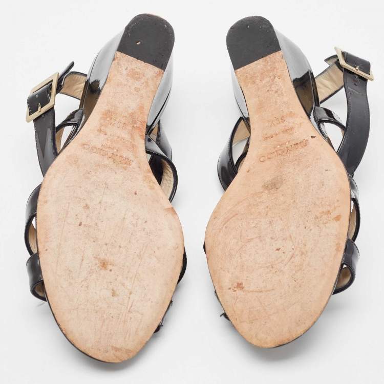 Pre Owned Jimmy Choo Black Patent Leather Chiara Crisscross Ankle Strap Wedge Sandals Size 39.5