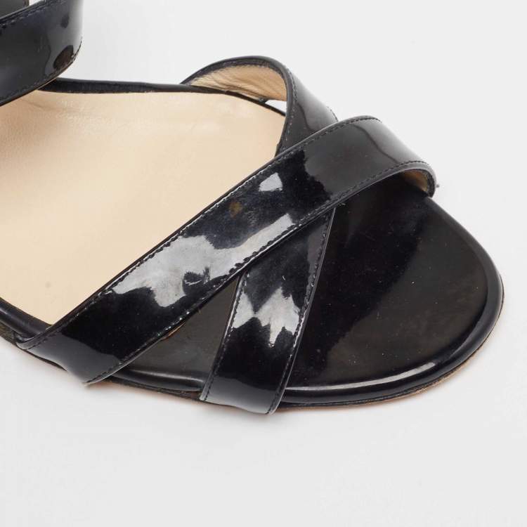 Pre Owned Jimmy Choo Black Patent Leather Chiara Crisscross Ankle Strap Wedge Sandals Size 39.5