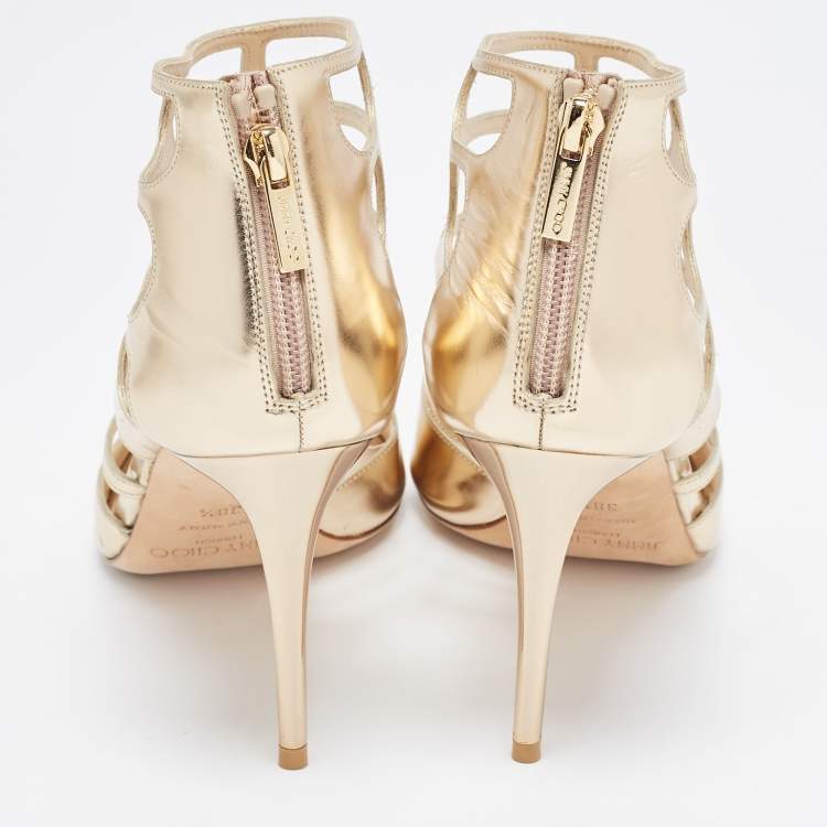 Pre Owned Jimmy Choo Gold Metallic Leather Ren Cut Out Peep Toe Sandals Size 38.5