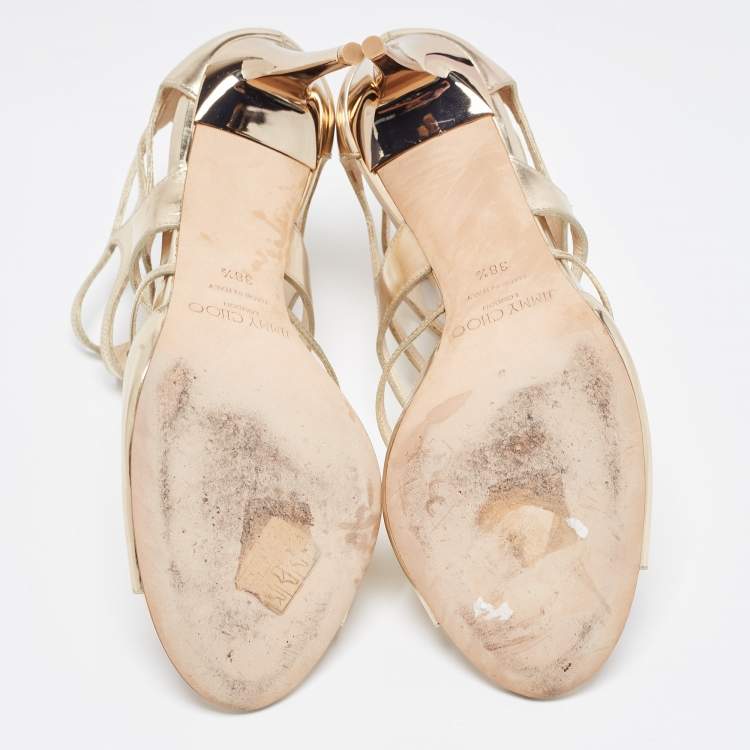 Pre Owned Jimmy Choo Gold Metallic Leather Ren Cut Out Peep Toe Sandals Size 38.5