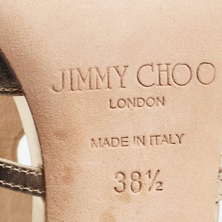 Pre Owned Jimmy Choo Gold Metallic Leather Ren Cut Out Peep Toe Sandals Size 38.5