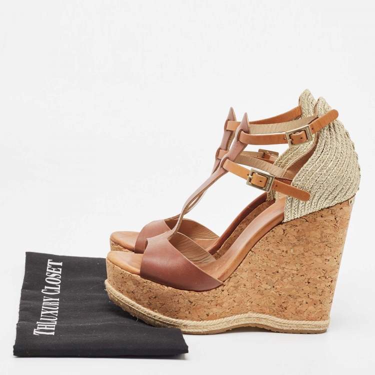 مملوكة مسبقًا Jimmy Choo Brown Leather and Cork Preya Wedge Sandals Size 39