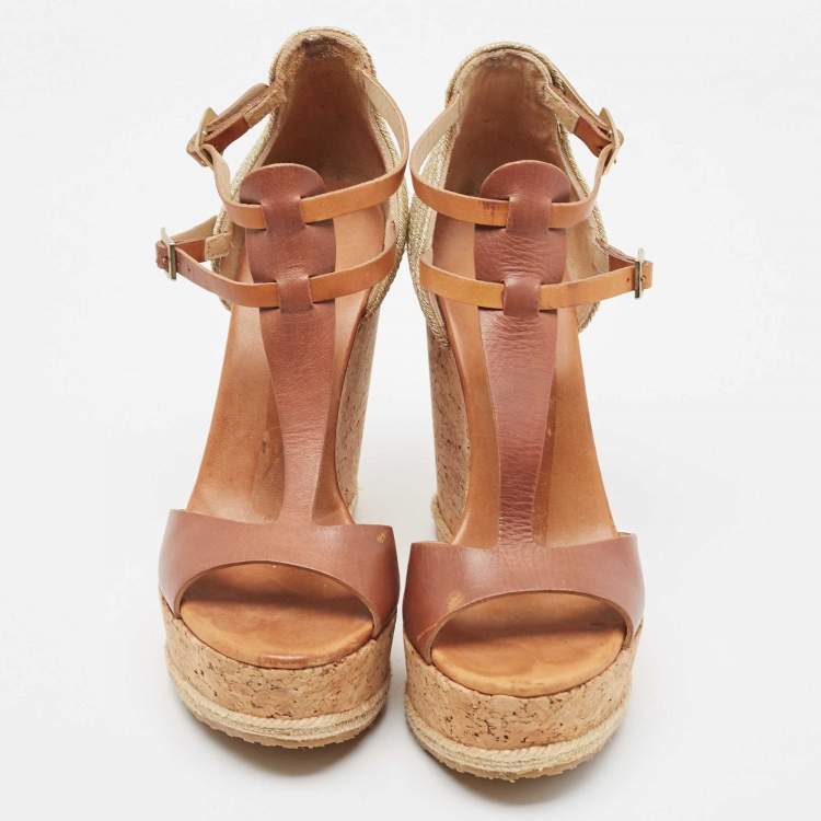 مملوكة مسبقًا Jimmy Choo Brown Leather and Cork Preya Wedge Sandals Size 39