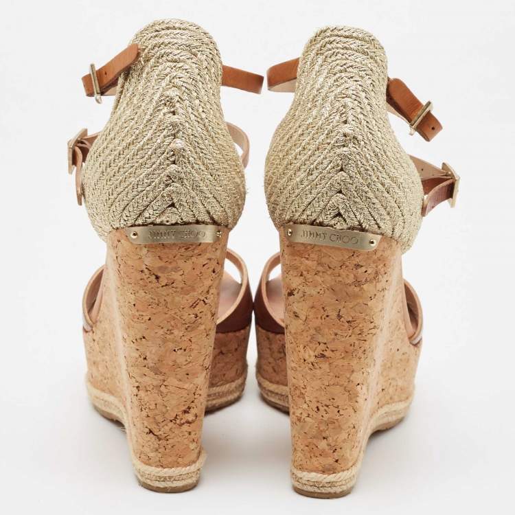 مملوكة مسبقًا Jimmy Choo Brown Leather and Cork Preya Wedge Sandals Size 39