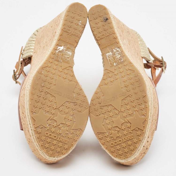 مملوكة مسبقًا Jimmy Choo Brown Leather and Cork Preya Wedge Sandals Size 39