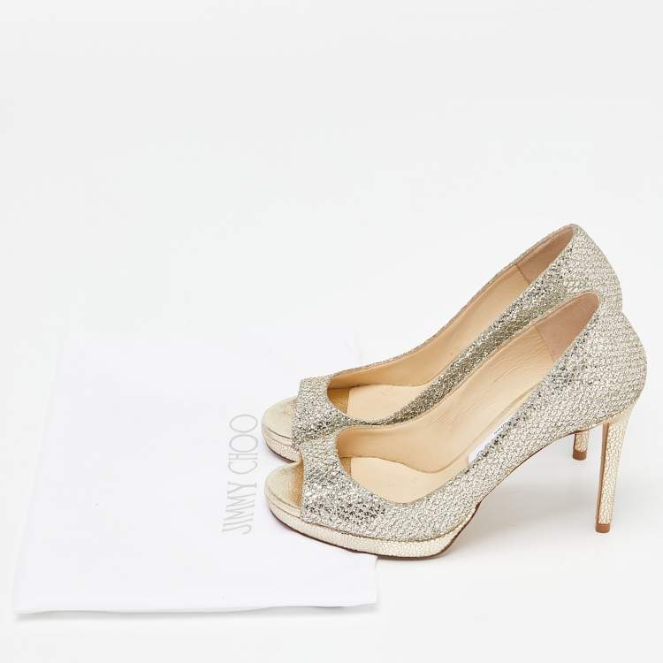 Pre Owned Jimmy Choo Gold Glitter Peep Toe Dahlia Pumps Size 35.5