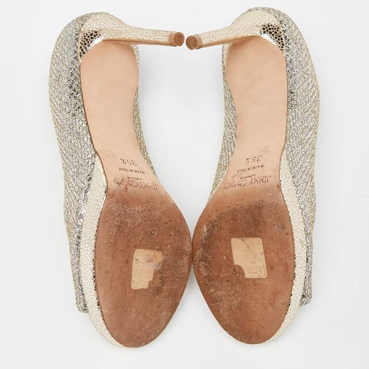 Pre Owned Jimmy Choo Gold Glitter Peep Toe Dahlia Pumps Size 35.5