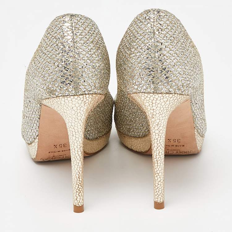 Pre Owned Jimmy Choo Gold Glitter Peep Toe Dahlia Pumps Size 35.5