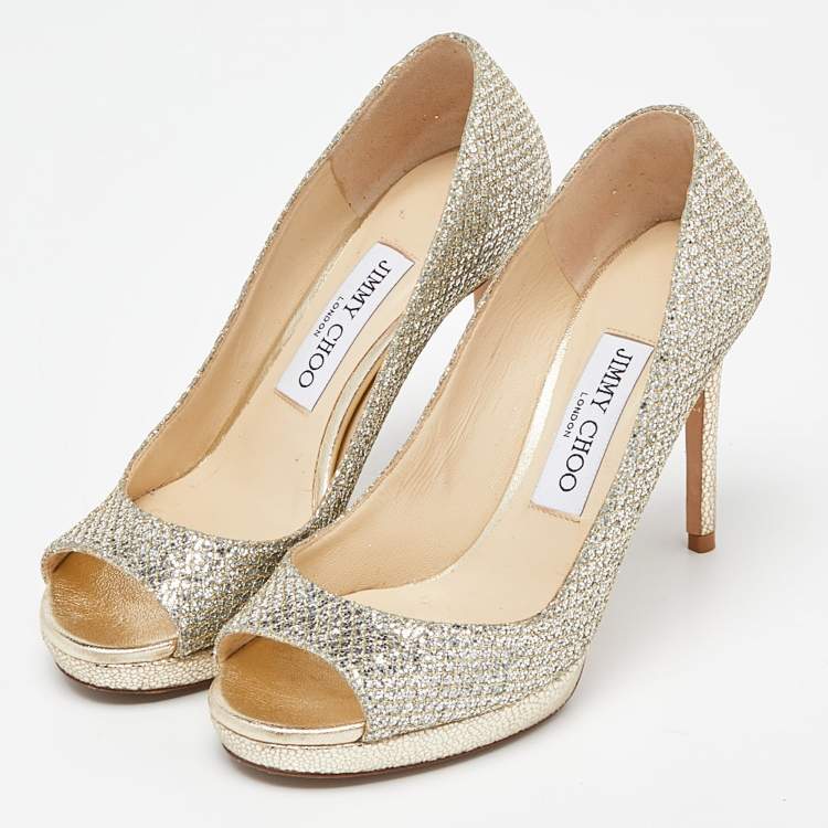 Pre Owned Jimmy Choo Gold Glitter Peep Toe Dahlia Pumps Size 35.5