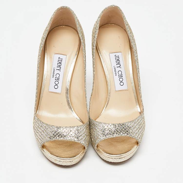 Pre Owned Jimmy Choo Gold Glitter Peep Toe Dahlia Pumps Size 35.5