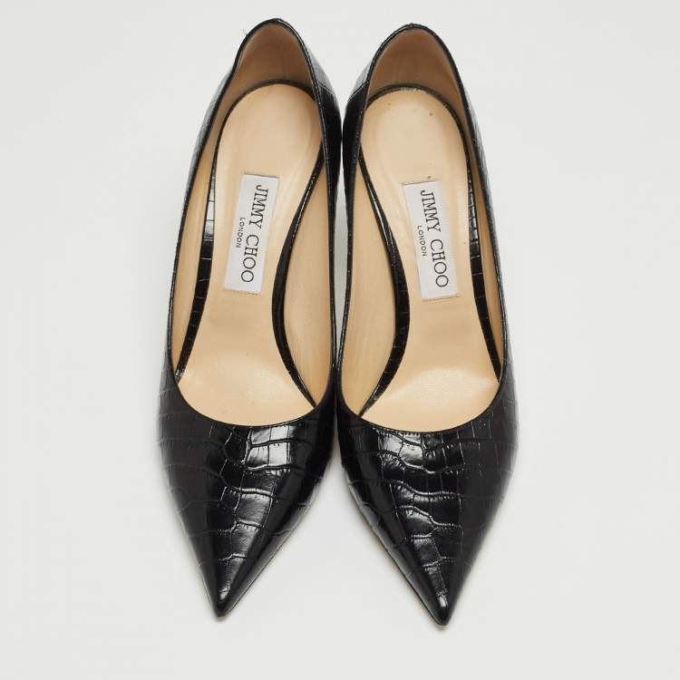 Pre Owned Jimmy Choo Black Croc Embossed Leather Love 85 Pointed Toe Pumps Size 39.5
