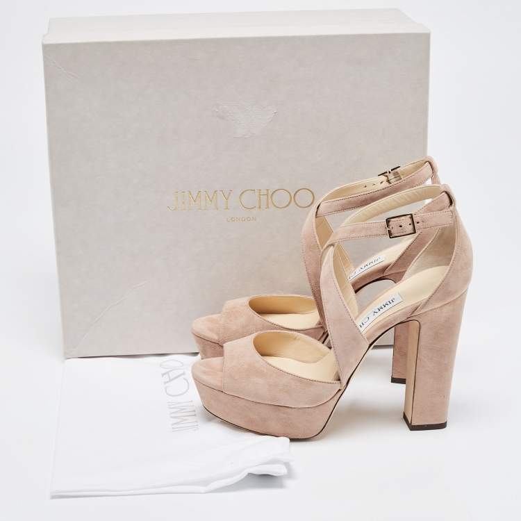 Pre Owned Jimmy Choo Beige Suede April Platform Ankle Strap Sandals Size 37.5