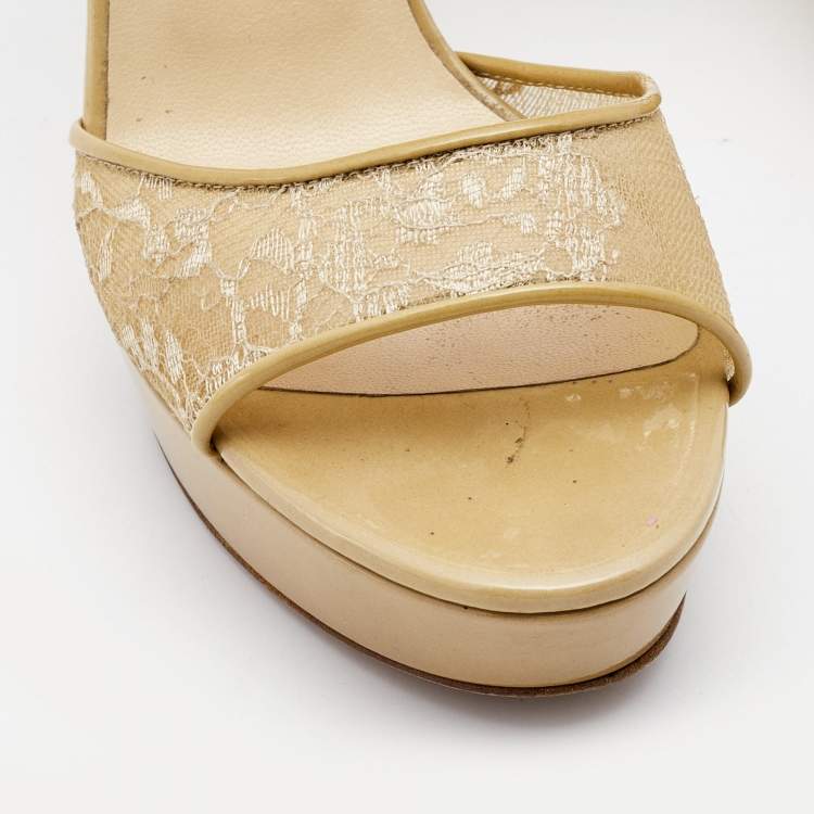 Pre Owned Jimmy Choo Beige Lace and Patent Kayden Ankle Strap Sandals Size 37