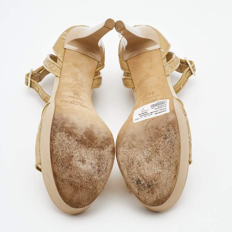 Pre Owned Jimmy Choo Beige Lace and Patent Kayden Ankle Strap Sandals Size 37