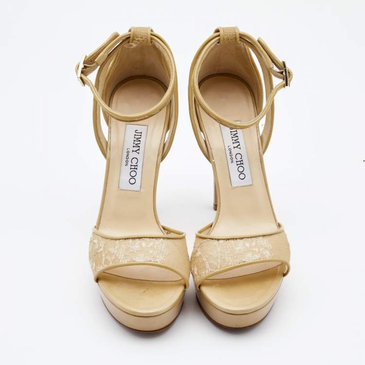 Pre Owned Jimmy Choo Beige Lace and Patent Kayden Ankle Strap Sandals Size 37