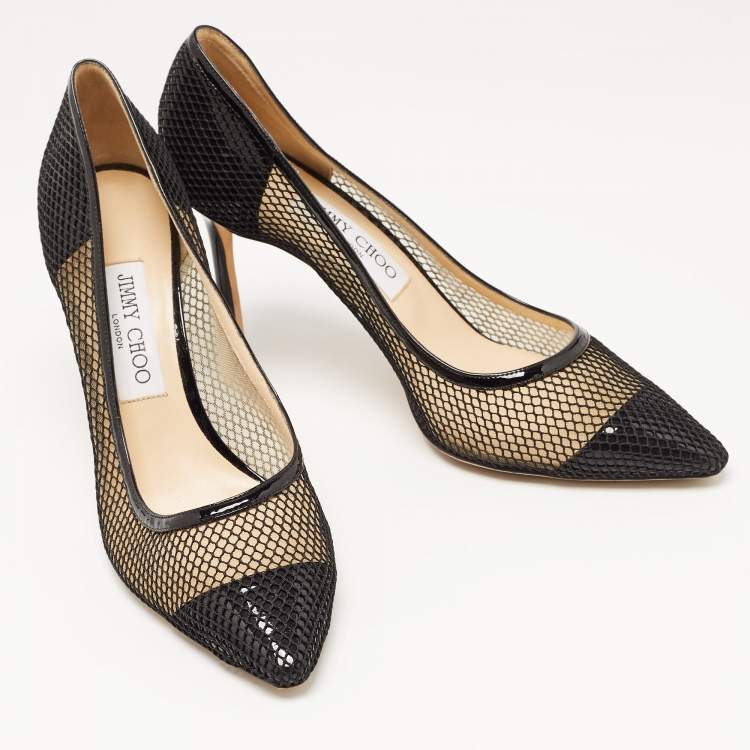 Pre Owned Jimmy Choo Black Mesh and Patent Romy Pumps Size 39