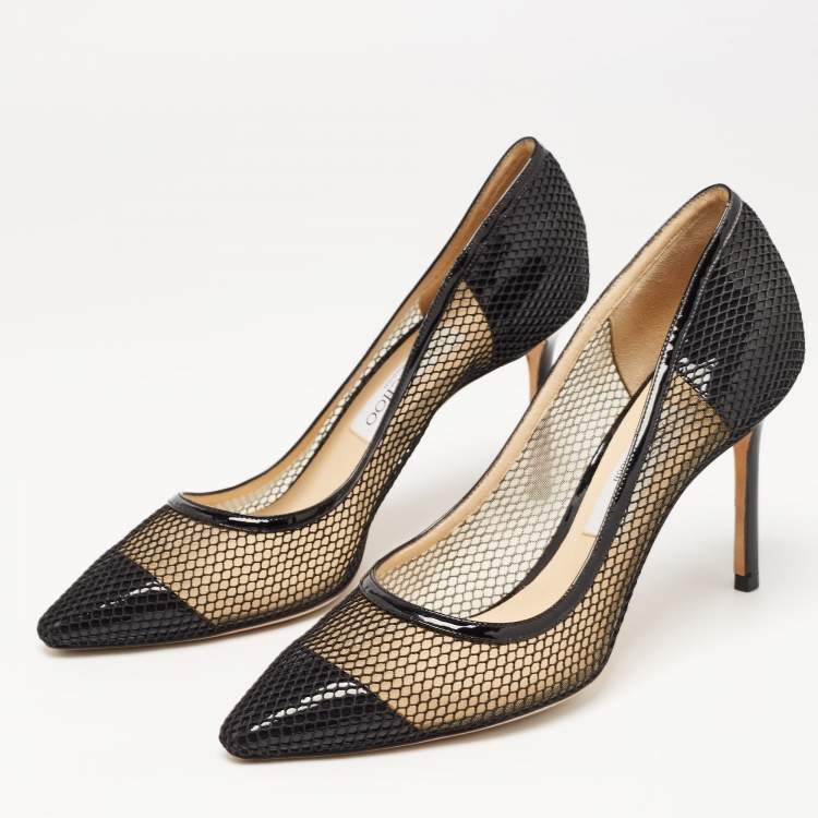 Pre Owned Jimmy Choo Black Mesh and Patent Romy Pumps Size 39
