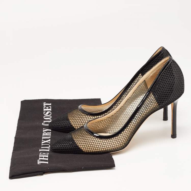 Pre Owned Jimmy Choo Black Mesh and Patent Romy Pumps Size 39