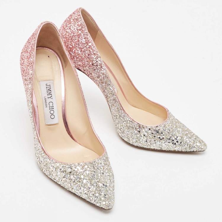 Pre Owned Jimmy Choo Ombre Silver/Pink Coarse Glitter Romy Pumps Size 37