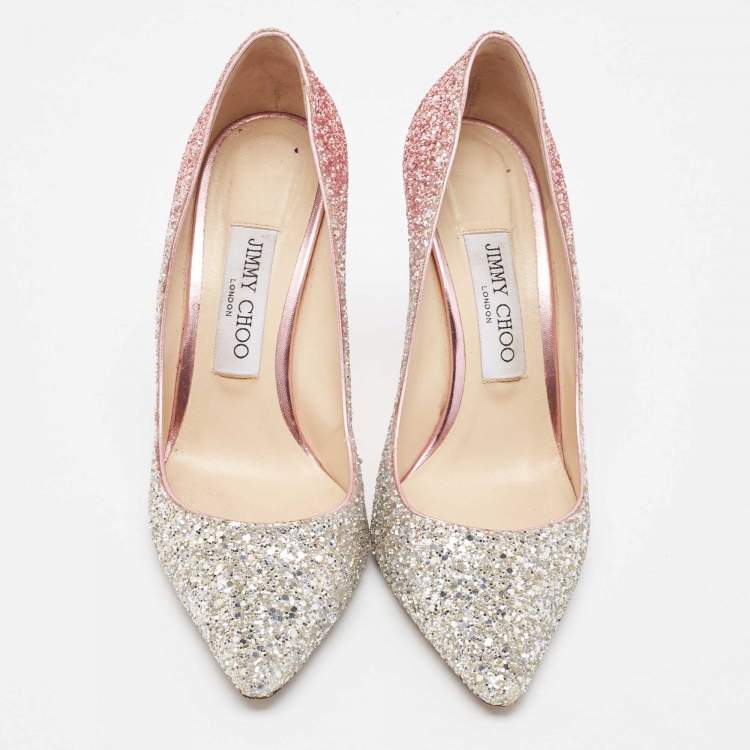 Pre Owned Jimmy Choo Ombre Silver/Pink Coarse Glitter Romy Pumps Size 37