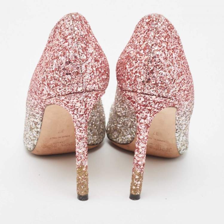 Pre Owned Jimmy Choo Ombre Silver/Pink Coarse Glitter Romy Pumps Size 37