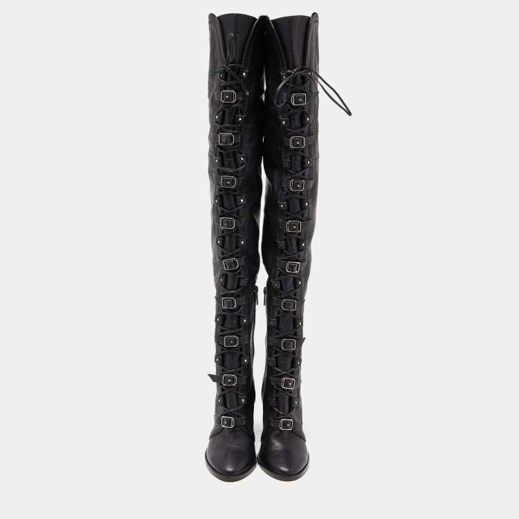 Pre Owned Jimmy Choo Black Leather Lace Up Maloy Boots Size 36