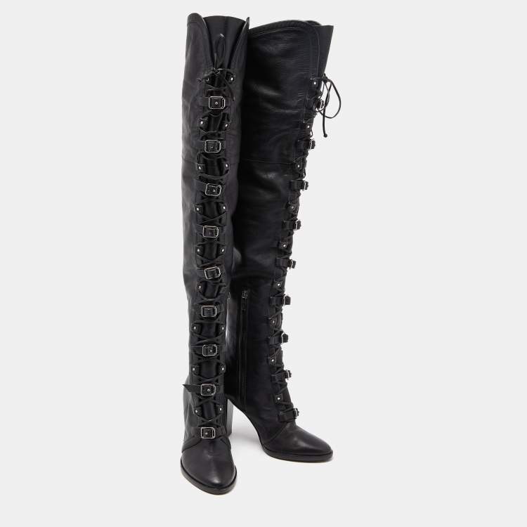 Pre Owned Jimmy Choo Black Leather Lace Up Maloy Boots Size 36