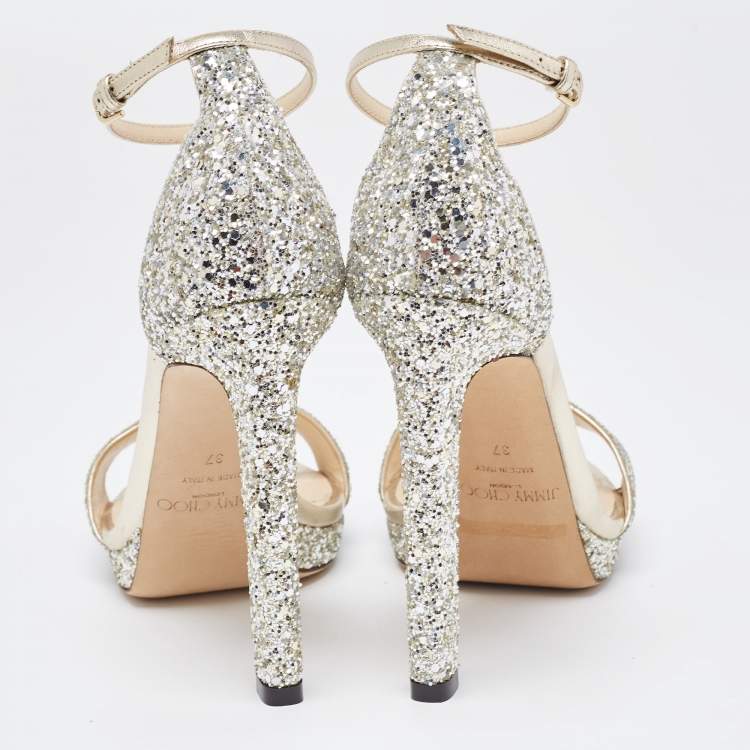 Pre Owned Jimmy Choo Silver/Gold Glitter and Leather Misty Ankle Strap Sandals Size 37