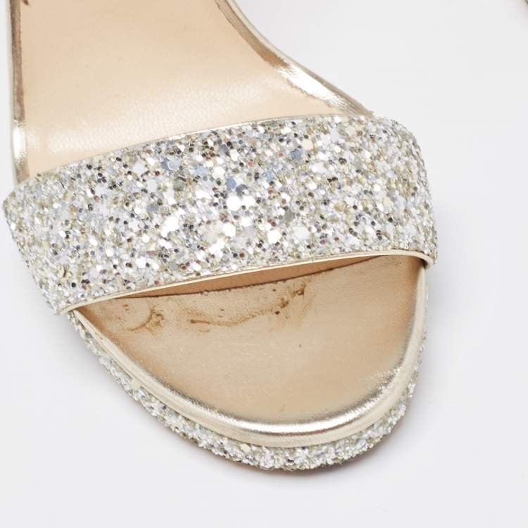 Pre Owned Jimmy Choo Silver/Gold Glitter and Leather Misty Ankle Strap Sandals Size 37