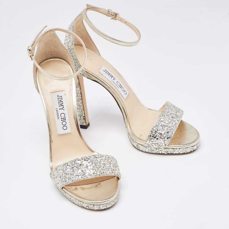 Pre Owned Jimmy Choo Silver/Gold Glitter and Leather Misty Ankle Strap Sandals Size 37