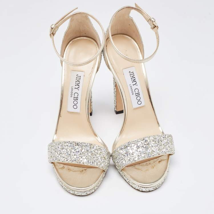 Pre Owned Jimmy Choo Silver/Gold Glitter and Leather Misty Ankle Strap Sandals Size 37