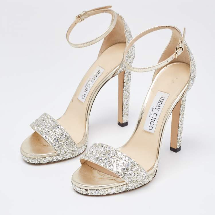 Pre Owned Jimmy Choo Silver/Gold Glitter and Leather Misty Ankle Strap Sandals Size 37