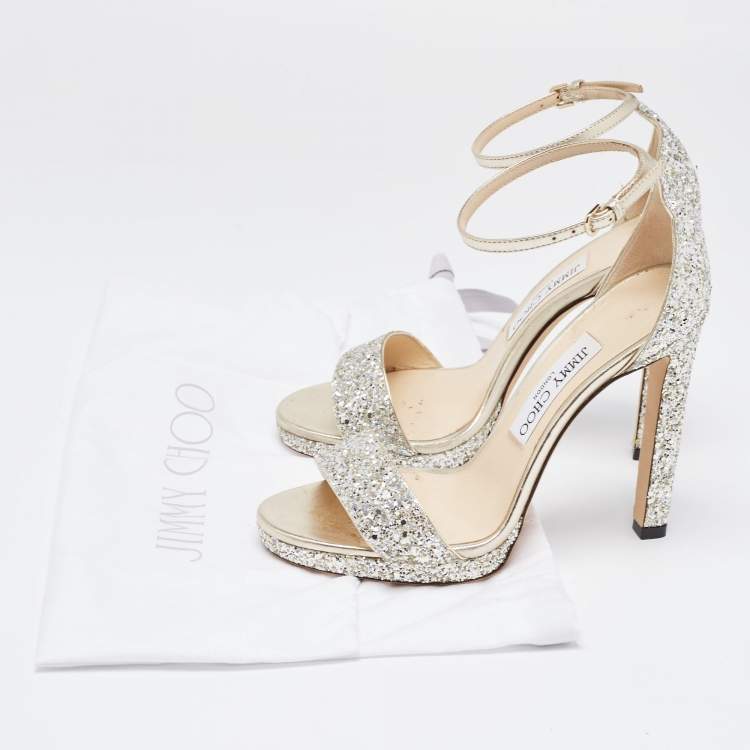 Pre Owned Jimmy Choo Silver/Gold Glitter and Leather Misty Ankle Strap Sandals Size 37