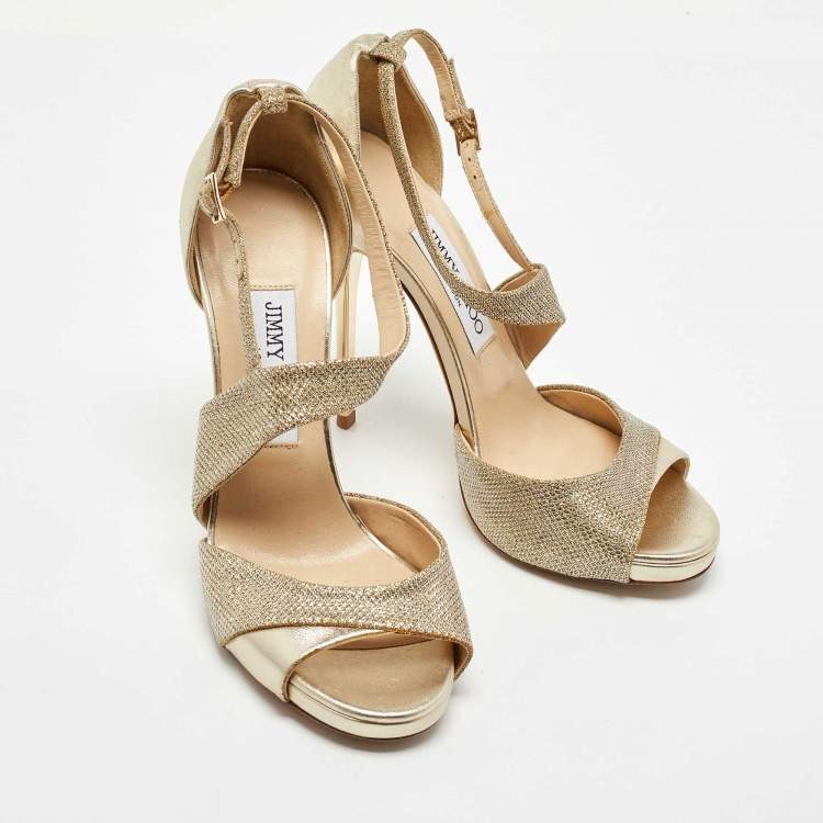 Pre Owned Jimmy Choo Gold Lame Fabric and Leather Tyne Ankle Strap Sandals 36.5