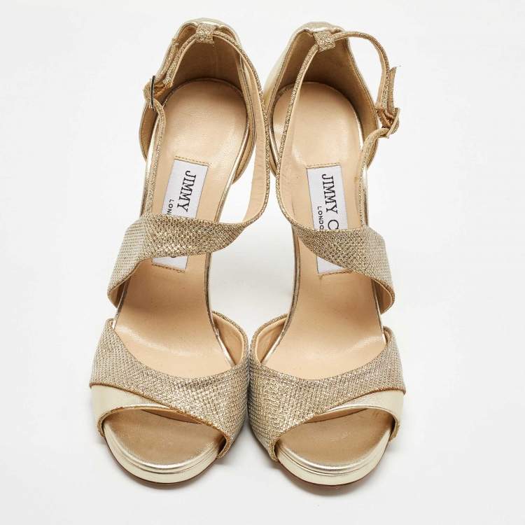Pre Owned Jimmy Choo Gold Lame Fabric and Leather Tyne Ankle Strap Sandals 36.5