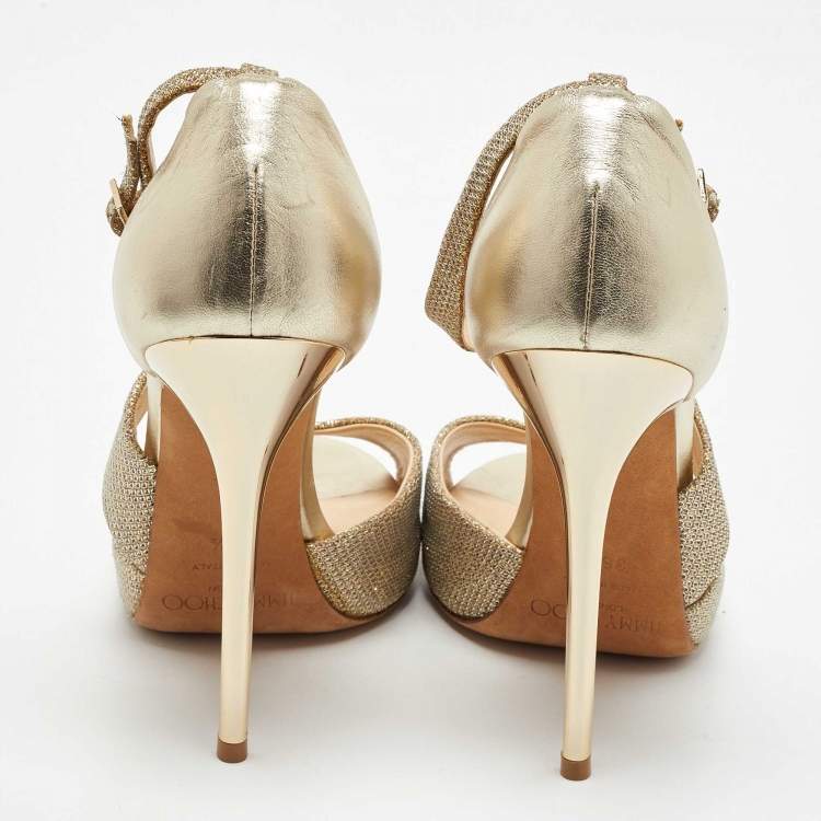 Pre Owned Jimmy Choo Gold Lame Fabric and Leather Tyne Ankle Strap Sandals 36.5