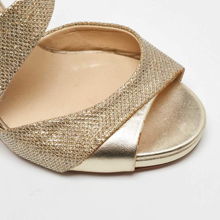Pre Owned Jimmy Choo Gold Lame Fabric and Leather Tyne Ankle Strap Sandals 36.5
