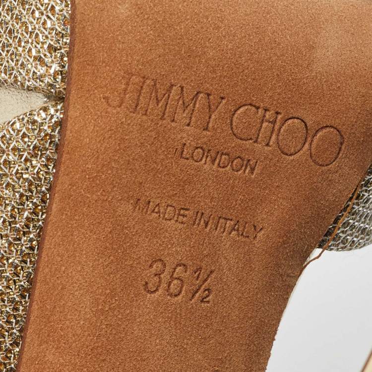 Pre Owned Jimmy Choo Gold Lame Fabric and Leather Tyne Ankle Strap Sandals 36.5