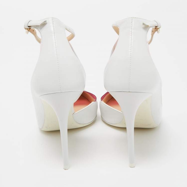 Pre Owned Jimmy Choo White/Pink Leather and PVC D'orsay Pointed Toe Ankle Strap Pumps Size 37