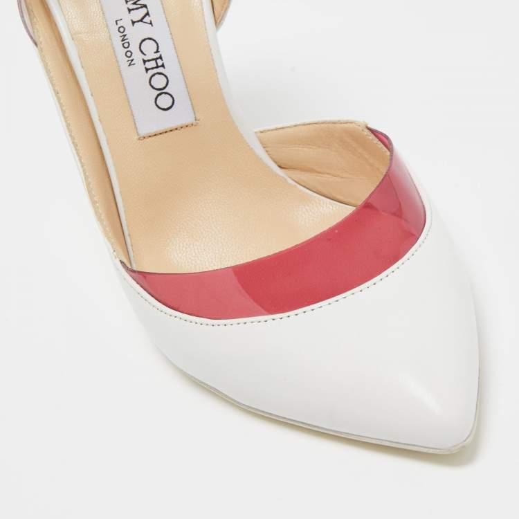 Pre Owned Jimmy Choo White/Pink Leather and PVC D'orsay Pointed Toe Ankle Strap Pumps Size 37