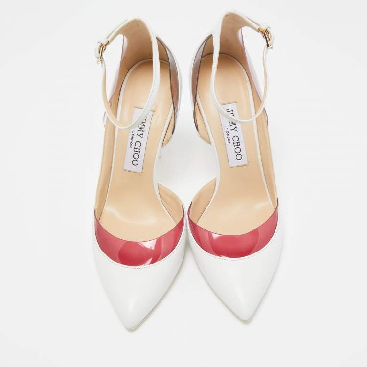 Pre Owned Jimmy Choo White/Pink Leather and PVC D'orsay Pointed Toe Ankle Strap Pumps Size 37