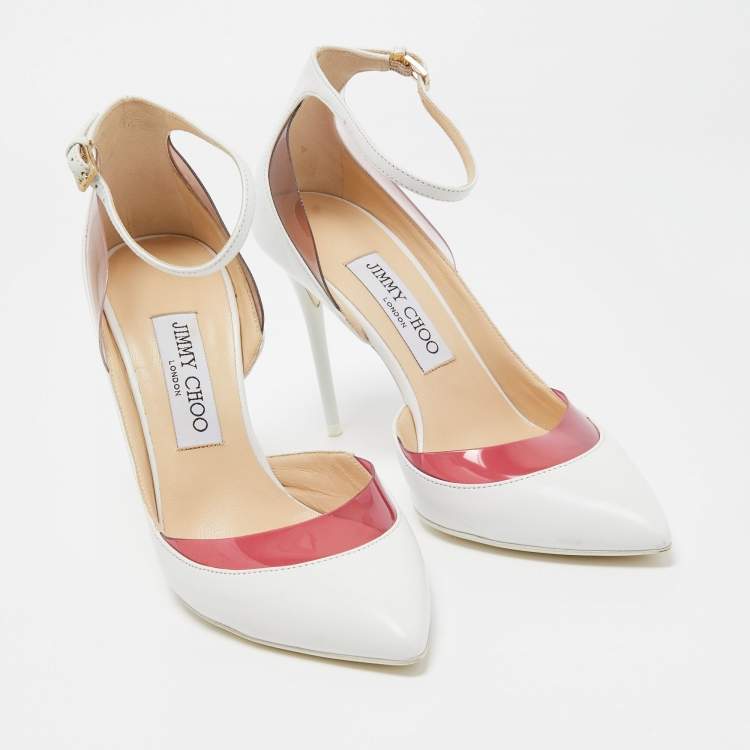 Pre Owned Jimmy Choo White/Pink Leather and PVC D'orsay Pointed Toe Ankle Strap Pumps Size 37