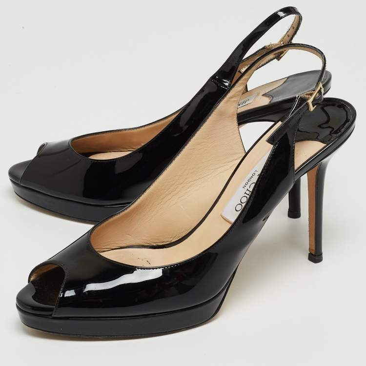 مملوكة مسبقًا Jimmy Choo Black Patent Leather Peep Toe Platform Slingback Pumps Size 40