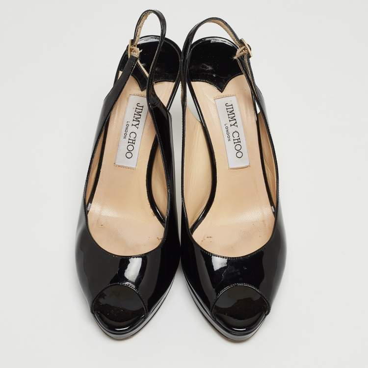 مملوكة مسبقًا Jimmy Choo Black Patent Leather Peep Toe Platform Slingback Pumps Size 40
