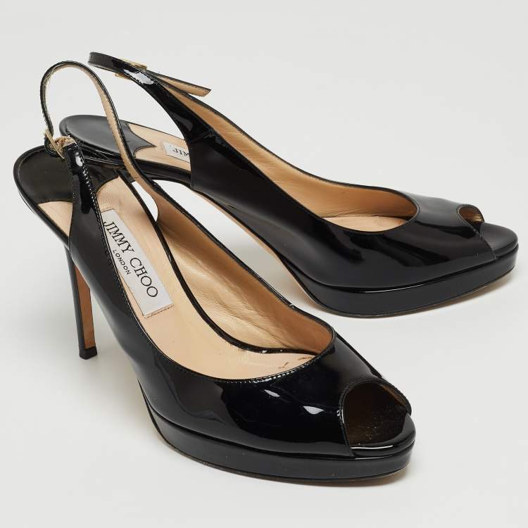 مملوكة مسبقًا Jimmy Choo Black Patent Leather Peep Toe Platform Slingback Pumps Size 40