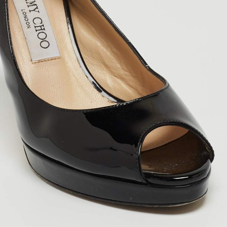 مملوكة مسبقًا Jimmy Choo Black Patent Leather Peep Toe Platform Slingback Pumps Size 40